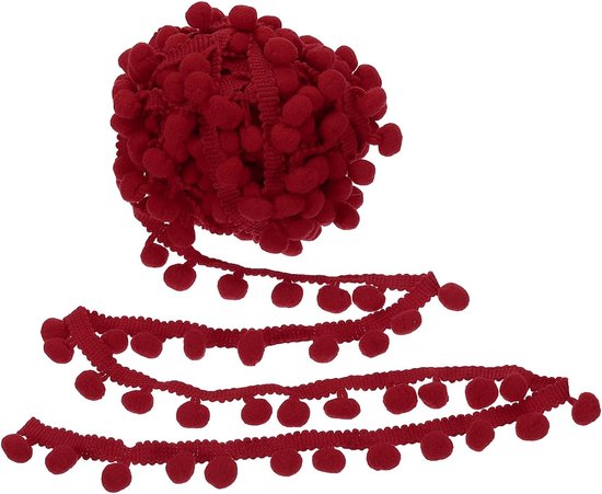 10 Yard x 3,5 cm Pom Pom Ball Fringe Trim, 1 rol geborduurde pompons trim lint mini bal kwastje kant accessoire voor naaien doe-het-zelf ambachten huis gordijn decoratie, donkerrood