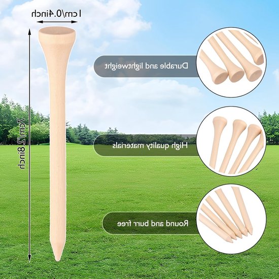100 Stuks Biologisch Afbreekbare Golf T-shirts van Hout - 70mm Lang voor Golfclubs en Golfmatten
