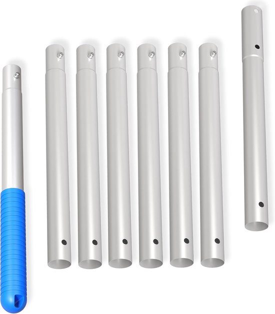 10,5" (3,2 m) paal voor zwembadreiniging; 8-delige verstelbare aluminium stang; stevige uitbreidbare step-up lengte; compatibel met de meeste skimmernetten, harken, borstels en