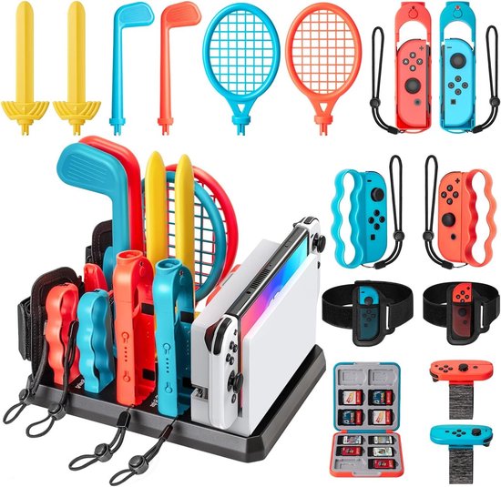 16-in-1 Sportaccessoires voor Nintendo Switch – Compleet pakket voor Just Dance, Mario Golf en Tennis, inclusief JoyCon greep, tennisschläger en golfclub voor familieplezier van Merkloos