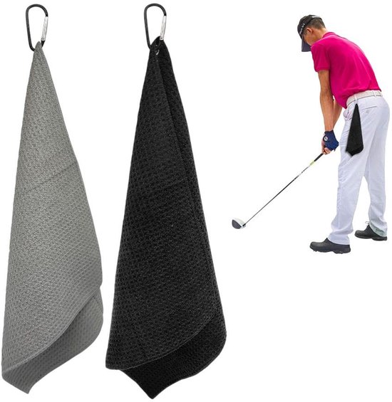 2-delige golfhanddoek, microvezelstof, waterabsorberende handdoek, geschikt voor fitness, sport, buitenactiviteiten, yoga, kamperen, 30x30cm (zwart, grijs)