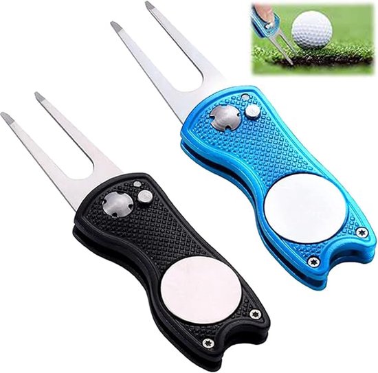 2 Stks Golf Groene Reparatie Pitch Vork, Standplaats Fork Golf, Golf Pitchvork, Inklapbaar, Met Pop-Up-Knop En Magnetische Kogelmarkering, Voor Golf, Clubsport In De Open Lucht van Sdfafrreg