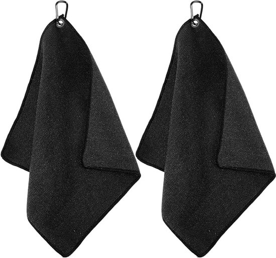 2 Stuks Golf Handdoek - Karabijnhaak - Microfiber Sporthanddoek - Club Wipe Towel - Golfaccessoires - Golftas Amfibie Handdoeken - Geschikt Voor Fietsen, Golfen - Zwart - 30 X 30cm