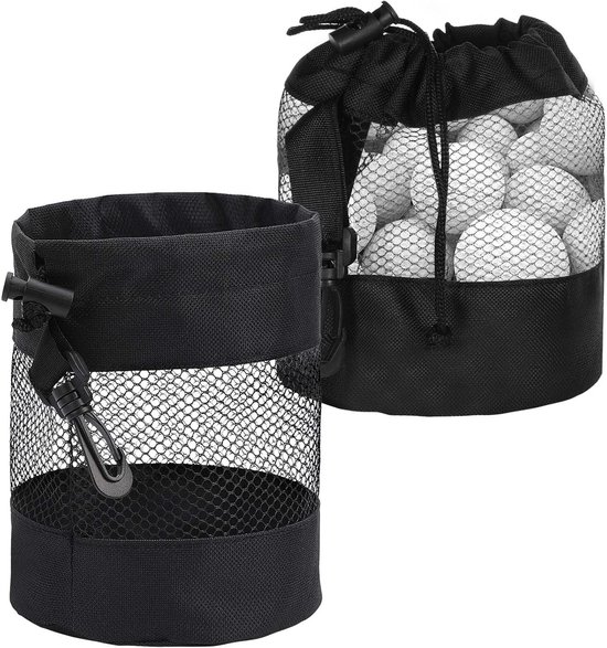 2 Stuks Golfballen van Nylon Mesh met Trekkoord, Zwart, 14cm x 14cm x 16.5cm, Ideaal voor Golftraining en Oefeningen van Merkloos