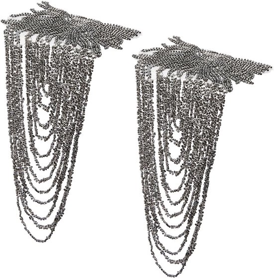 2 stuks hars-epauletten met parels en kwastjes, schakelketting met franjes, punk-stijl, sieraden voor kostuum van stof, lichtgrijs