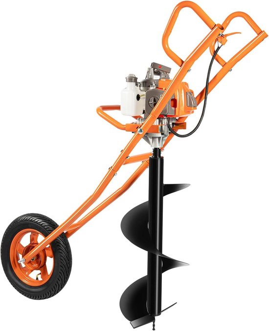 2-takt benzine grondboor, 63CC 2,2KW grondboor met wielen, benzine paalboor, ramapparaat, Ø 300 mm booropzetstukken, kruiwagen, grondboor, Earth Auger (oranje) van Merkloos	