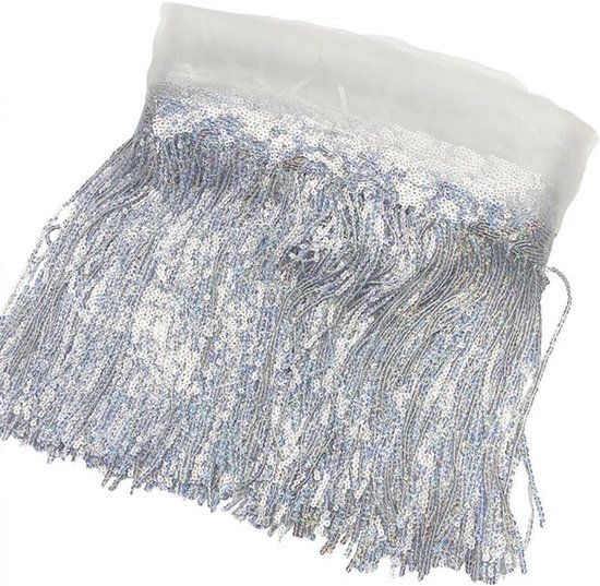 20 cm × 4,5 m pailletten franjeband – glitter kwastband voor doe-het-zelf naaiwerk, kleding, podiumkostuum, dansjurk, gordijn en decoratie, zilverlaser 4,5 m