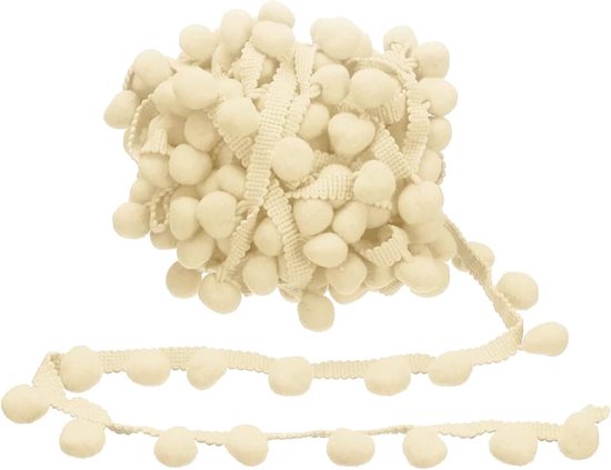 2,7 m pompon-franjes, 1,5 cm breed, pomponband, franjes, kanten rand, voor handwerk, kleding, gordijnen, kussens, woondecoratie (beige)