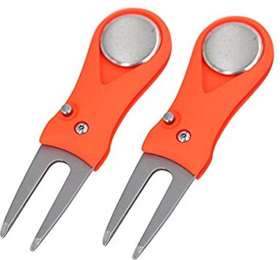 2Pcs Golf Divot Repair Tools, RVS Golf Pitch Fork met Magnetische Ball Maker Golf Vouwbare Divot Tool met Pop-up Knop voor Golfer