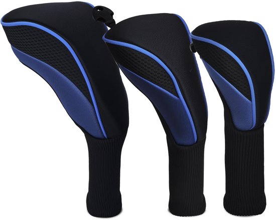 3-delige Golfclubhoofdhoes set - Golfclubhoes - Beschermer voor houten clubs - Clubhoes - Beschermhoes - Stofhoes - Met verwisselbare labels - Elastische zelfsluitende gesp - Geschikt voor golfclubs - Blauw, Zwart van Merkloos