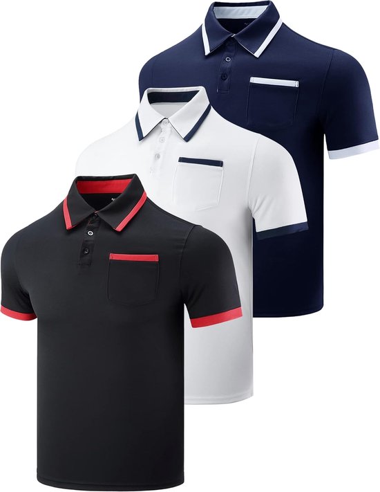 3-Pack Ademende Dry Fit Golf Polo Shirts voor Heren met Borstzak - Active T-Shirts van Merkloos