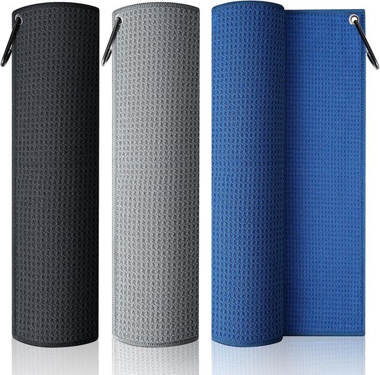 3-pack golfhanddoeken (40,6 x 40,6 cm) met karabijnhaakclip, microvezel golfhanddoeken voor heren, golftasaccessoires (grijs, blauw, zwart) van FINGER TEN
