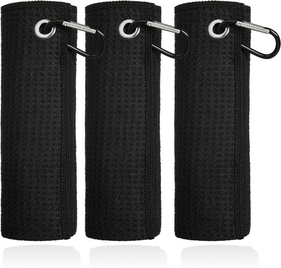 3-pack microvezel golfhanddoeken, 40 x 40 cm, wafelpatroon met karabijnhaak, superabsorberend, kleine golfhanddoek, accessoire voor golftassen voor heren en dames, (zwart) van Merkloos
