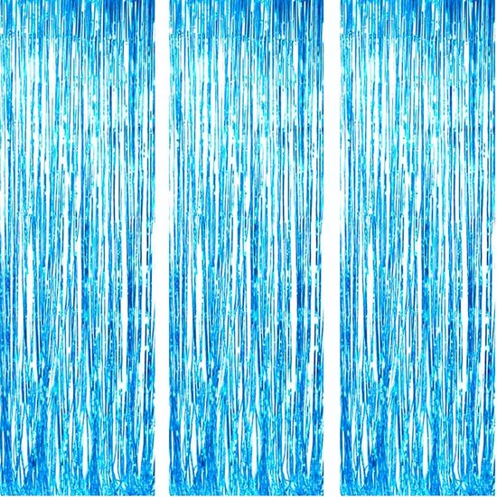 3 stuks 3 x 1 ft metallic klatergoud gordijnen folie franje glinsterende streamers gordijn deur raam decoratie voor feestbenodigdheden - laser lichtblauw