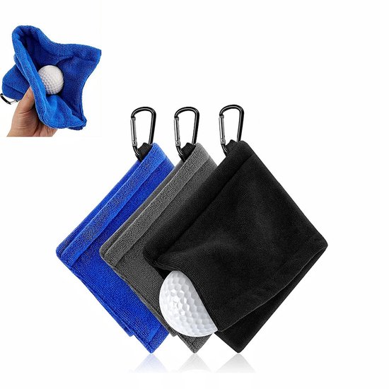3 stuks Golf Handdoek - met D-clip-ontwerp - Clubreinigingshanddoek - Draagbare sporthanddoek - 13x14 cm - Geschikt voor mannen en vrouwen - Golfreinigingscadeau - Verkrijgbaar in donkerblauw, zwart en grijs.