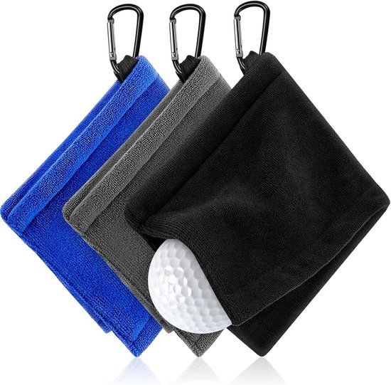 3 Stuks - Golfbal Handdoek - 14 x 14 cm - Microvezel - Kleine Golfzak Handdoek met Clip - Draagbare Golfreiniger Accessoires - voor Mannen en Vrouwen (Zwart, Grijs, Blauw) van Generic