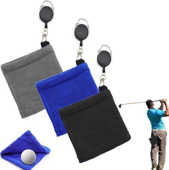 3 stuks - Golfbal Handdoek - Golftas Amfibie Handdoeken - met intrekbare gesp - Zachte en delicate golfhanddoek - Duurzame golfclubreiniger - voor fitness, buitensporten - 12*12 cm - zwart, blauw en grijs van YIQI