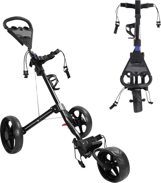 3 wielen golf push cart, lichte opvouwbare golfbuggy, verstelbare elastische riemen, voetrem scorecard cup-houder, grote wielen voor verschillende terreinen