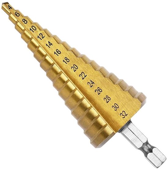 4-32 mm hogesnelheidsstaal, titanium, gecoat, Step Drill High Speed staal, 1/4 inch, zeskantige handgreep, snelwissel, kegelboor, metaal, kunststof, hout, boring