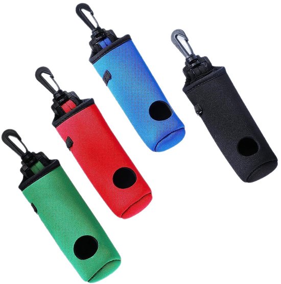 4-delige golf tee rack in zwart, rood, blauw en groen. Golftas, klein etui. Balhouder, sleutelhanger, riemclip. Cadeau-accessoire. Ballen en tee niet inbegrepen. van Golfdotz
