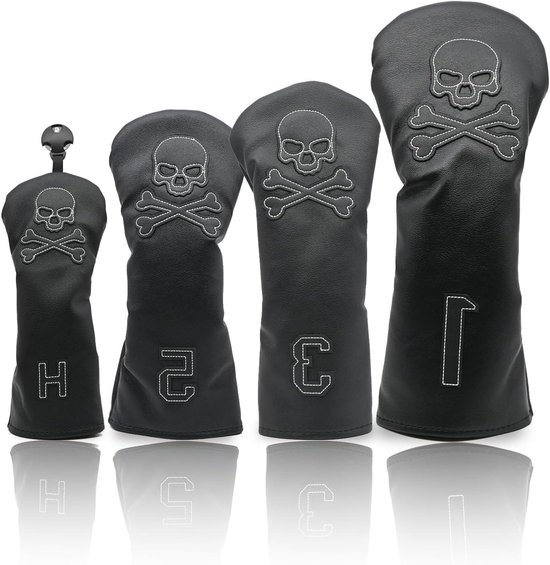 4 Pcs Golf Club Head Covers PU Leather Skull Golf Club Covers for Drivers, Fairway Woods, and Hybrids Fit Most Golf Clubs Golf Headcovers Set (Black)