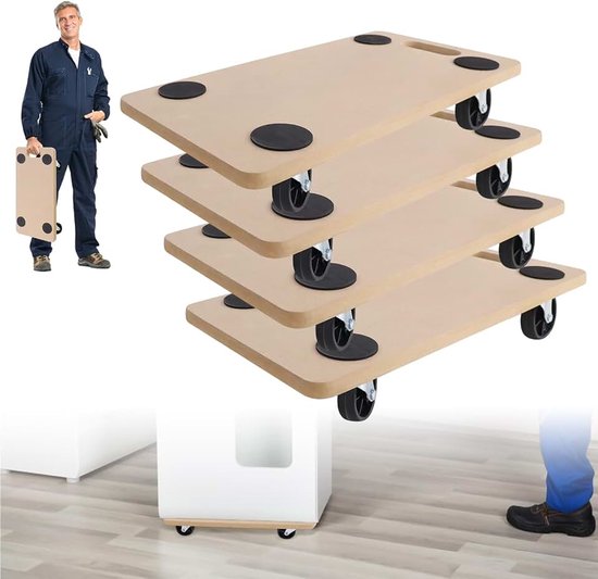 4 stuks rolplank, transportroller, 58 x 29 cm, meubelroller, transporthulp voor verhuizing, meubeltransport, 200 kg draagkracht, kistenroller, platformwagen, ideaal voor binnen en buiten