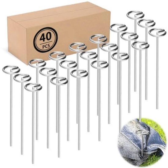 (40) Galvanized landscape fabric pegs, thickened 8 gauge circle top landscape poles, more holding force than U-shaped garden posts, 6'' galvanized ground spikes for weed barrier van Merkloos