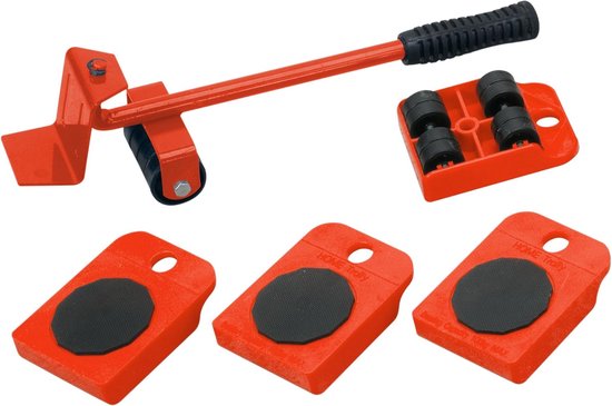 419900 Transportrollerset, 150 kg Draagkracht, Anti-Slip Coating, Laadkrik, 4 Meubelrollers en Lastheffers, Rood