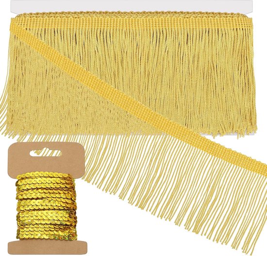 4,5 meter × 10 cm gouden franje met pailletten trim, stoffen franje, kant trim, kwastje, naaien franje trim voor kleding accessoires bruiloft Latijnse jurk lampenkap DIY-ambachten decoratie