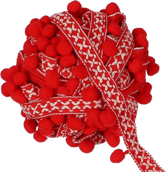 5 Iarden franjes met pompons, 12 mm kantlint met kwasten voor het naaien van kleding, woondecoratie, gordijnen, kussens, rood