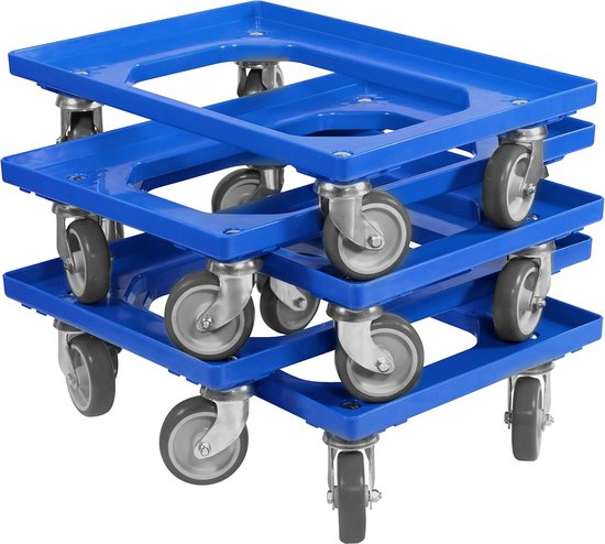 5 stuks transportrollers voor kisten 60 x 40 cm met 4 zwenkwielen in blauw