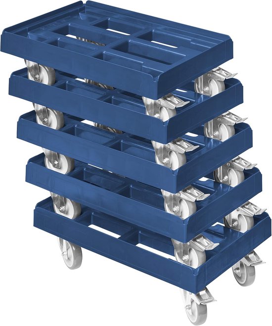 5 stuks transportwagen voor kratten 60 x 40 cm met 2 remmen in blauw