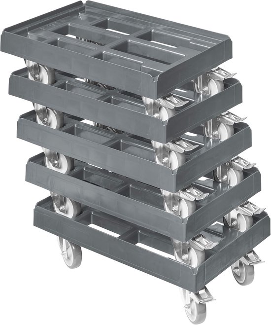 5 stuks transportwagen voor kratten 60 x 40 cm met 2 remmen in grijs
