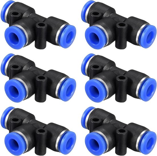 6 Pack Tee T Shape Push to Connect Air Hose Fittingen voor Lucht en Water, Geschikt voor Buiten en Industrie (6mm, Zwart Blauw) van Merkloos