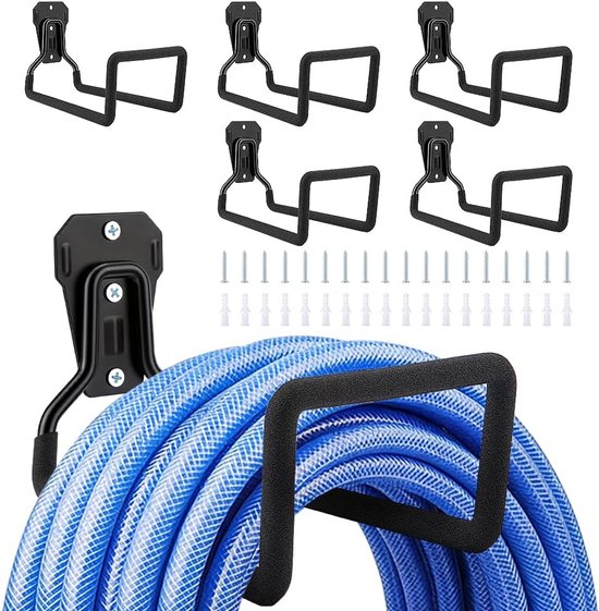 6 stuks tuinslanghouders, robuuste metalen waterslanghouder voor wandmontage, garagehaak, stabiele slanghaspel voor buiten, tuin, verlengkabel, touwen, zwart