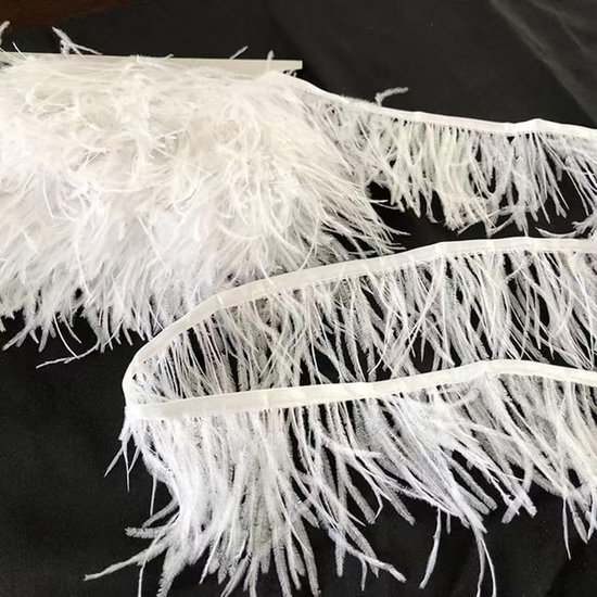 8-10CM breed struisvogelveren bies franjes met satijnlint, 2M struisvogelveren stoffen strip veren franje trim veer franjes lint voor DIY naaien handwerk Kerstmis kostuums DIY decoratie - wit