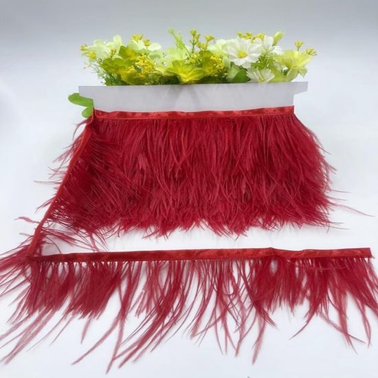 8-10CM Breed Struisvogelveren Boord Franjes met Satijnlint, 2M struisvogelveren Stofstroken Veren Fringe Trim Veer franjes Band voor DIY Naaien Handwerk Kerstmis Kostuums DIY Decoratie-Rood#1