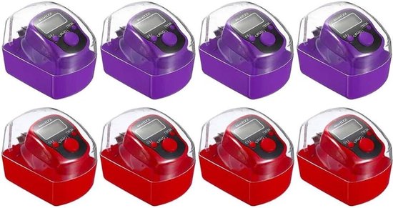 8 Stuks LED Handmatige Tellers, Digitale Vinger Tellers voor Sport, Fitness en Oefeningen, 5-Cijferige Telapparaten met Opbergdoos, Geschikt voor Golf en Training (Paars, Rood)