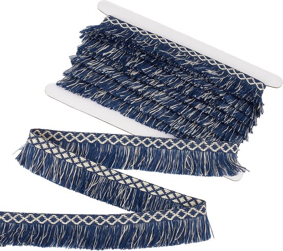 9 Yards x 1,37 Inch Blauw en Wit Kwastje Fringe Trim, Boho Geweven Trims