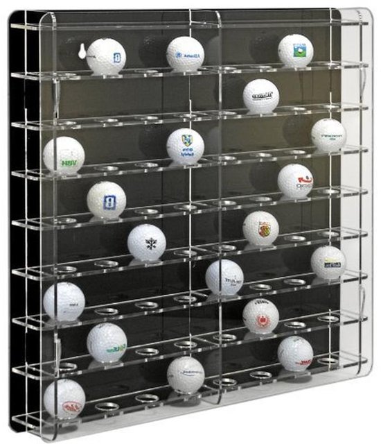Acryl golfbal vitrine met zwart achterpaneel voor 64 golfballen