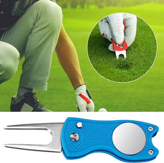 Actie4you® - Golf Pitchfork – Inklapbare Divot Repair Tool - Met Pop-upknop & Magnetische Ballmarker – Robuust Ontwerp - Blauw van Merkloos