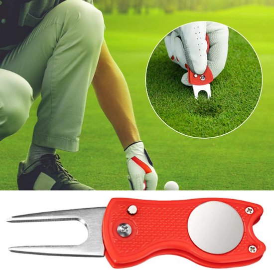 Actie4you® - Golf Pitchfork – Inklapbare Divot Repair Tool - Met Pop-upknop & Magnetische Ballmarker – Robuust Ontwerp - Rood van Merkloos