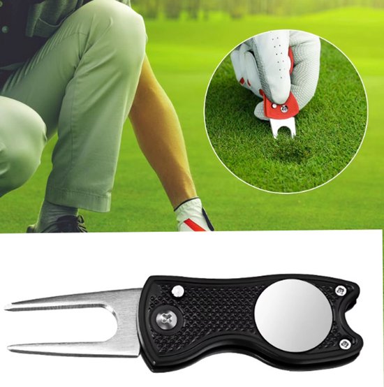 Actie4you® - Golf Pitchfork – Inklapbare Divot Repair Tool - Met Pop-upknop & Magnetische Ballmarker – Robuust Ontwerp - Zwart van Merkloos