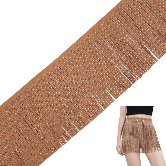 afgezet met franjes van suède, 1,83 m, leren kwastlint met parels, 13,5 cm, voor naaien, accessoires voor kleding, tassen en knutselwerk (bruin)