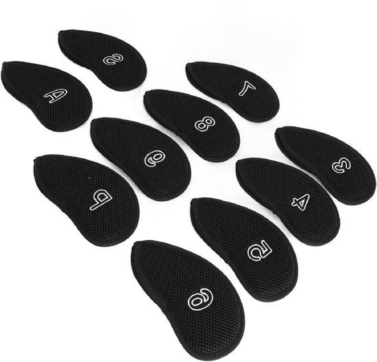 Allecto- Golfclub Hoofdomslag - Golfkopklep - Ademend Nylon Mesh - Zachte Voering - Golfijzeren Covers - Geschikt voor Golfclubs - Set van 10 stuks - Beschermend - Zwart - Duurzaam - Handig - Golfaccessoires. van Merkloos