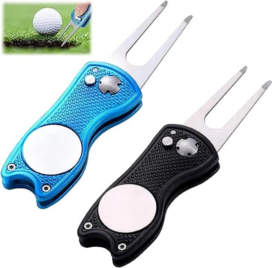 Allecto Plus - 2 Stuks Golf Groene Reparatie Pitch Vork - Inklapbaar met Pop-Up-Knop en Magnetische Kogelmarkering - Golf Accessoires voor Buitenactiviteiten van Allecto Plus