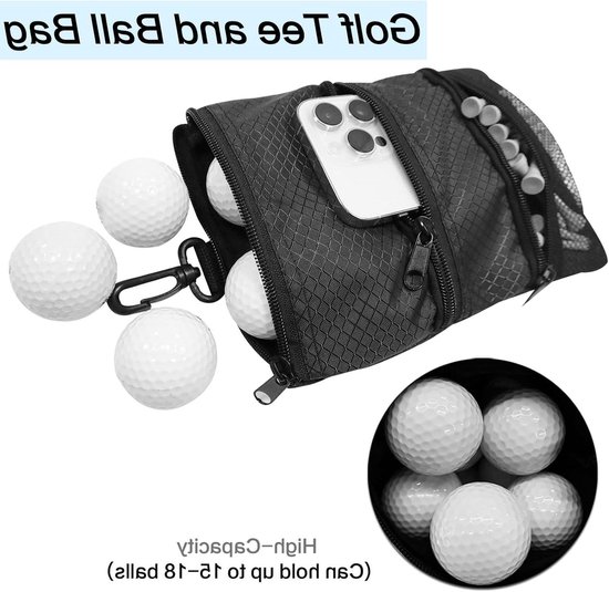 Allecto Plus - Draagbaar Golf Tee Opbergzakje met Ritssluiting en Meerdere Zakken - Handige Haak voor Golfballen en Accessoires