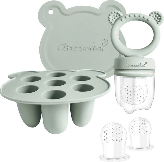 Baby Fruitspeen (3x) & IJsvormpjes Set - IJsblokjesvorm met deksel - Babyhapjes bewaarbakjes - 100% Siliconen Sabbelzakje - Broemba van Broemba