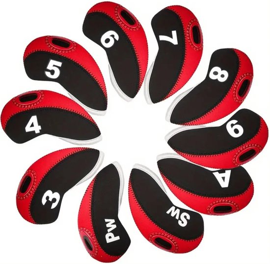 Bovista Golfclub Headcover - Covers - Beschermers - Golfset - Zwart & Rood - 10 Stuks
