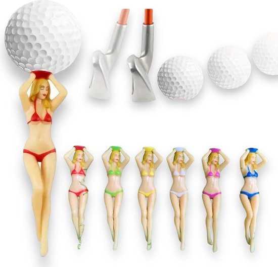 Breng Plezier en Flair op de Golfbaan met de Kinky Pleasure Golftees Sexy Girls in Bikini Set van Kinky Pleasure